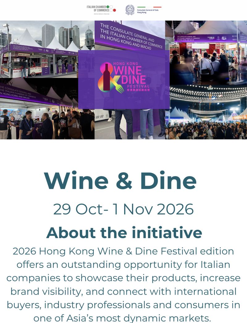 Wine & Dine, 29 October to 1 November 2026: the Consulate General and the Italian Chamber of Commerce at the Hong Kong Wine & Dine Festival